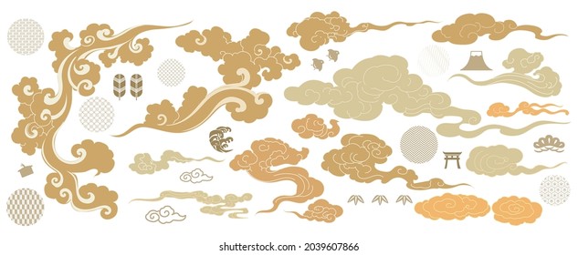 Set of hand drawn cloud with Japanese pattern vector. Oriental decoration with logo design, flyer or presentation in vintage style. Fuji mountain, bamboo, bonsai tree element with geometric shape. 