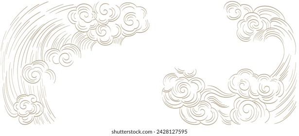 Set of hand drawn cloud with Japanese pattern vector. Oriental decoration with logo design, flyer or presentation in vintage style. Fuji mountain, bamboo, bonsai tree element with geometric shape