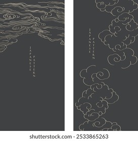 Set of hand drawn cloud with Japanese pattern vector. Oriental decoration with logo design, flyer or presentation in vintage style. Fuji mountain, bamboo, bonsai tree element with geometric shape.