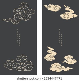 Set of hand drawn cloud with Japanese pattern vector. Oriental decoration with logo design, flyer or presentation in vintage style. Fuji mountain, bamboo, bonsai tree element with geometric shape.