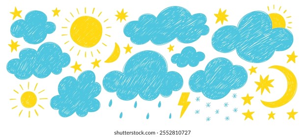 Set of hand drawn clouds, moon and sun with crayon or pencil texture. Colorfull doodle illustration on a white background.