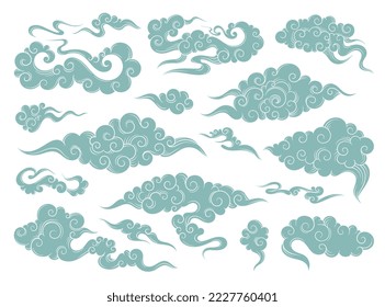 Set of hand drawn clouds in oriental style. Japanese decorated pattern with wavy lush clouds with white outline. Design elements for brand. Cartoon flat vector collection isolated on white background