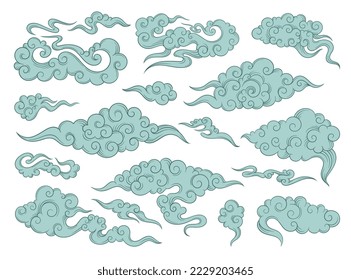 Set of hand drawn clouds in oriental style. Stickers with blue clouds with waves and dark outline. Japanese design elements for logos. Cartoon flat vector collection isolated on white background