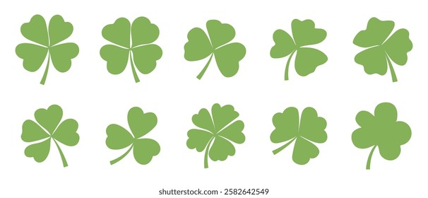 Set of hand drawn clover icons. Green shamrock icon. Irish St. Patrick's Day logo. Vector