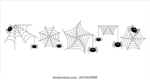 Set of Hand drawn Cobwebs and Spiders. Halloween Fanny Spider, Corner of Torn Web. Scary Web Halloween symbol. Doodle Vector illustration isolated on  white 