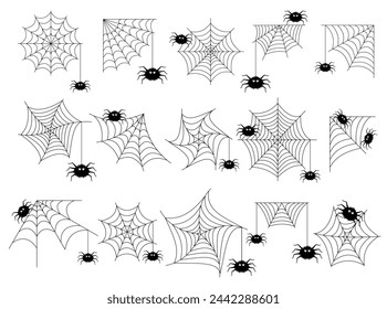 Set of Hand drawn Cobwebs and Spiders. Halloween Fanny Spider, Corner of Torn Web collection. Scary Web Halloween symbol. Doodle Vector illustration isolated on  white 