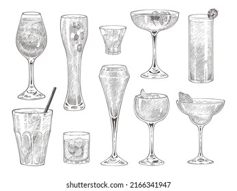 Set Of Hand Drawn Cocktail Glasses.