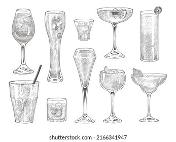 Set of hand drawn cocktail glasses.