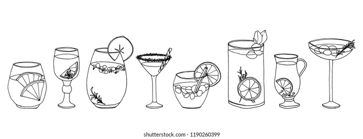 Set Of Hand Drawn Cocktail Icons.  Line Drawing Vector Illustration