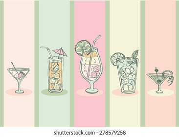 Set of hand drawn cocktail menu. Set of juice, cocktails, decorated by fruit and mint.