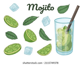 Set of hand drawn cocktail mojito, lime, mint and ice cubes. Vector illustration. Isolated on white.