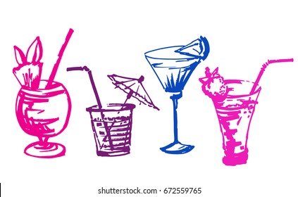 Set with hand drawn cocktails glasses. Isolated on white background