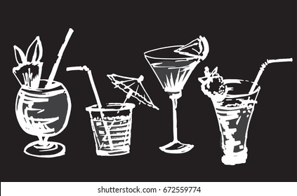 Set with hand drawn cocktails glasses. Isolated on black background