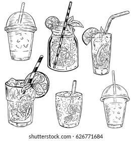 Set of hand drawn cocktails illustrations. Design elements for poster, menu, flyer. Vector illustrations