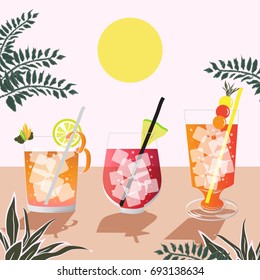 Set of hand drawn cocktails with lettering quotes. Summer holiday and beach party Isolated vector and icons.