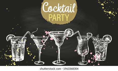 Set of hand drawn cocktails on the blackboard. Menu cover template. Cocktail party