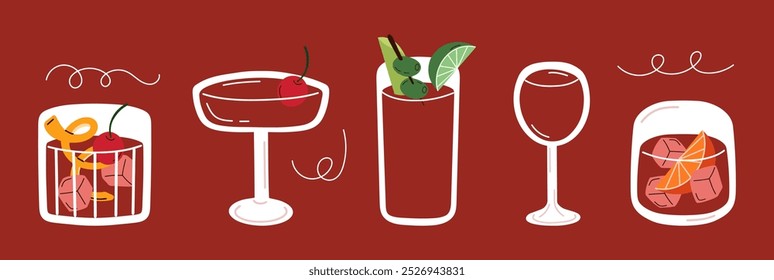 Conjunto de cócteles dibujados a mano sobre fondo rojo. Bebidas coloridas de dibujos animados en diferentes tipos de vasos. Ilustración vectorial de cócteles clásicos como wine, manhattan y negroni.