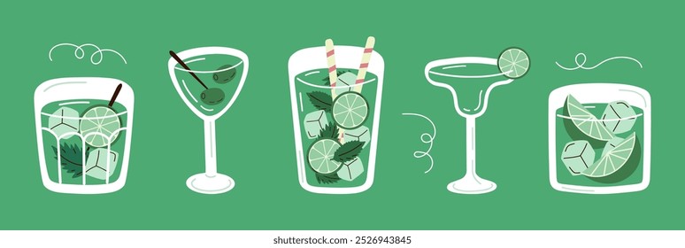 Set of hand drawn cocktails on green background. Colourful cartoon drinks in different types of glasses. Vector illustration of refreshing drinks.