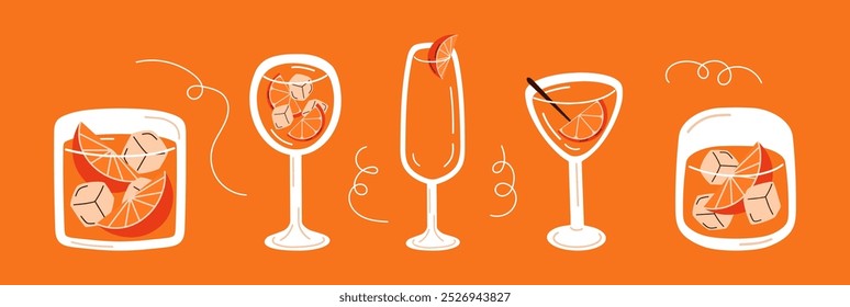 Set of hand drawn cocktails with orange. Colourful cartoon drinks in different types of glasses on orange background. Vector illustration of citrus drinks.