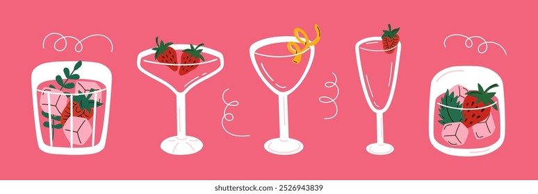 Set of hand drawn cocktails with strawberry. Colourful cartoon drinks in different types of glasses on pink background. Vector illustration.