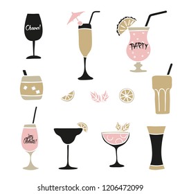 Set of hand drawn cocktails. Vector collection of alcoholic drinks.