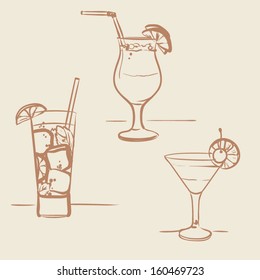  Set Of  Hand Drawn Cocktails. Vector Illustration