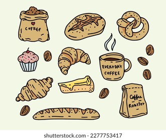 Set handgezeichnete Kaffee- und Bäckereidoodles: Getränke, Desserts, Bohnen und andere verwandte Gegenstände.
