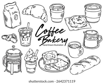 Set of hand drawn coffee and bakery doodle illustration 