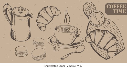 set of hand drawn coffee, breakfast, croissant elements. Engraving. Craft packaging, tablecloth, poster for cafe