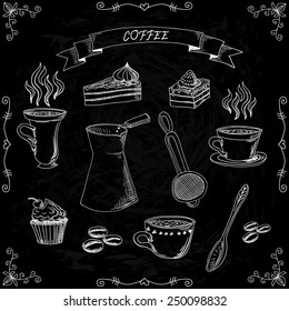 Set of hand drawn coffee and cake on a chalkboard background