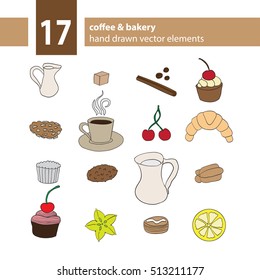 Set of hand drawn coffee and cookie elements. color icons