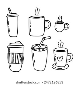 Set of hand drawn coffee cups. Set of doodle style coffee cups. Vector illustration