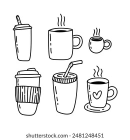 Set of hand drawn coffee cups. Set of doodle style coffee cups. Vector illustration