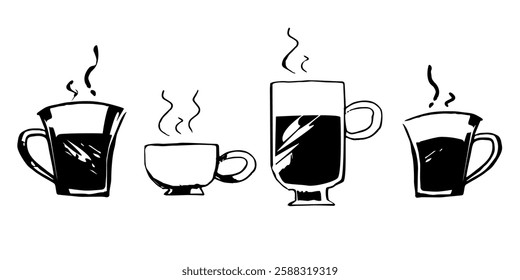 Set of hand drawn coffee cups. Set of doodle style. Vector illustration. A collection of hand-drawn coffee cups in various shapes and sizes, some filled with dark liquid.