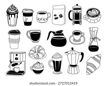 Set handgezeichneter Kaffeetassen, Brauwerkzeuge, Gebäck und Café-Artikel im minimalistischen Schwarz-Weiß-Stil. Vektorgrafik einzeln auf weißem Hintergrund