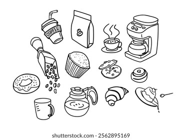 Set of hand drawn coffee and dessert shop doodle objects icons	