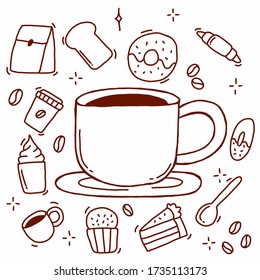 set of hand drawn coffee doodle vector background.