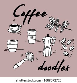 Set of hand drawn coffee doodles: cup, percolator, portafilter, take away mug, coffee bans, coffee branch.