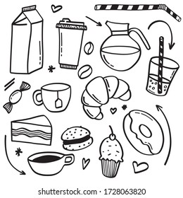 Set of hand drawn coffee doodles: drinks, snacks and coffee