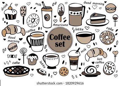 Set of hand drawn coffee doodles: drinks and sweets. 26 vector illustrations.