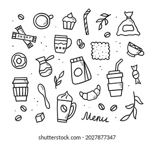 Set of hand drawn coffee doodles. Vector symbols and objects. Sketch style illustration.