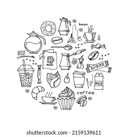 conjunto de doodles de café dibujados a mano: bebidas, postres, frijoles y otros objetos relacionados. Fondo de la ilustración del esbozo del vector