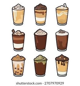 Un conjunto de ilustraciones de bebidas de café dibujadas a mano con varias bebidas de café como café con leche, capuchino, mocha, matcha, frappe y bebidas de postre cremosas. Cada taza está ilustrada en una tierna caricatura 