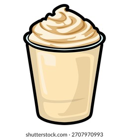 Um conjunto de ilustrações de bebida de café desenhadas à mão apresentando várias bebidas café, como latte, cappuccino, mocha, matcha, frappe e bebidas cremosas sobremesas. Cada xícara é ilustrada em um desenho animado 