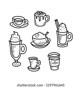 Set of hand drawn coffee drinks doodles. Black and white sketch collection with cute coffee cocktails in doodle style. Vector illustration with various mugs and cups