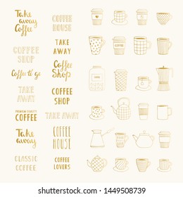 Set of hand drawn coffee elements and lettering. Golden vector illustration. Isolated. 