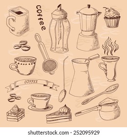Set of hand drawn coffee elements