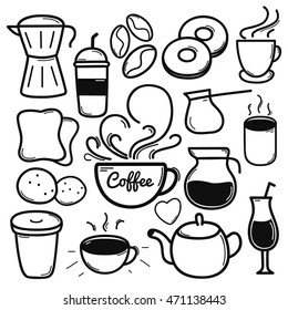 Set of Hand drawn coffee icon, doodle coffee vector illustration