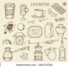 Set of hand drawn coffee icons isolated on white background. Coffee grinder, chocolate, mug and other sketched elements. Vector illustration in vintage retro style