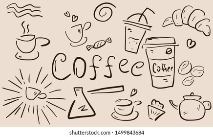 Set of hand drawn Coffee icons. Doodles Coffee vector illustration.